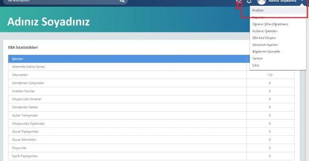EBA Kullanım İstatistikleri Ekranı ve EBA Profilim Sayfası