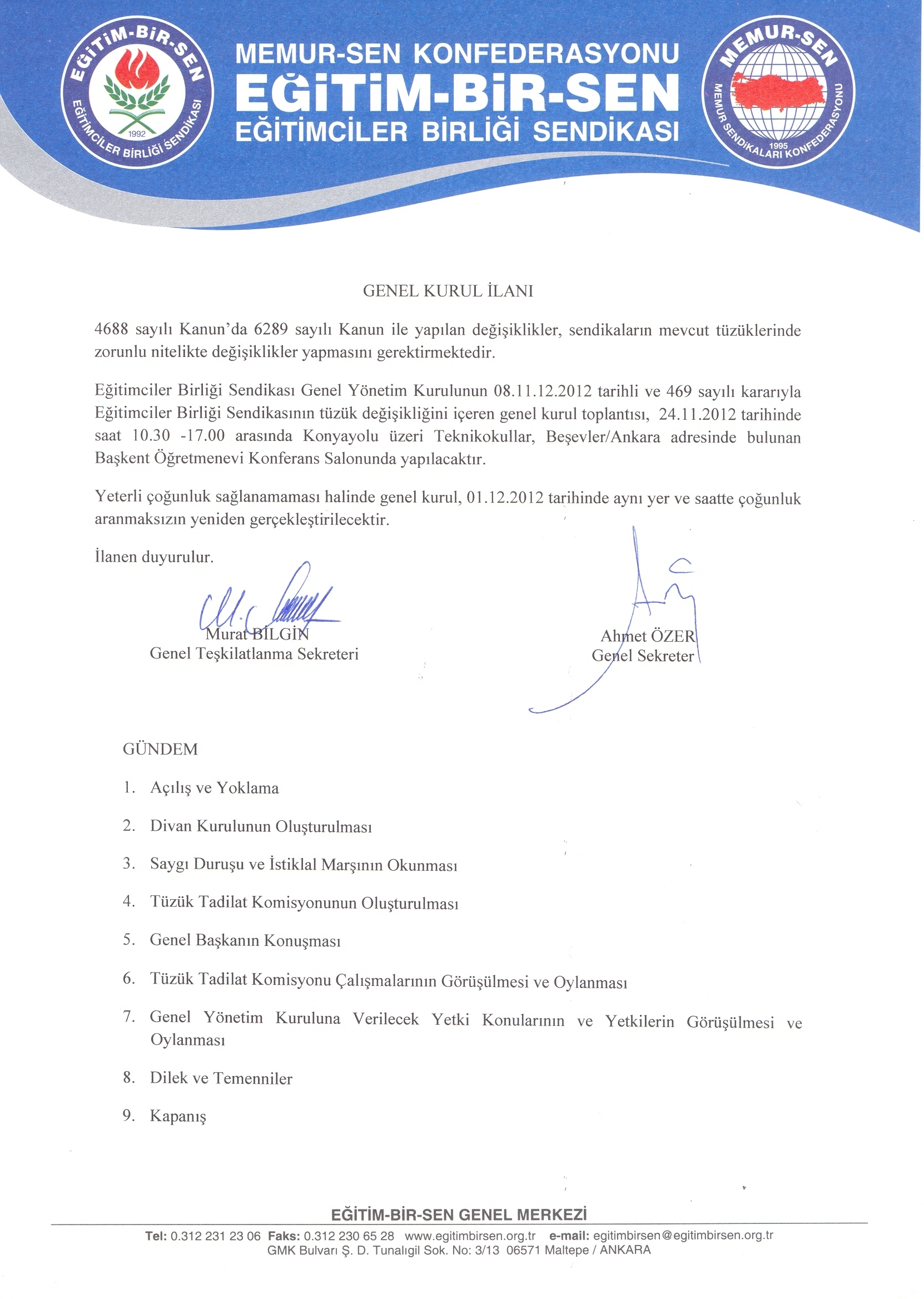 Eğitim-Bir-Sen Tüzük Tadilat Kongresi Yapılacak