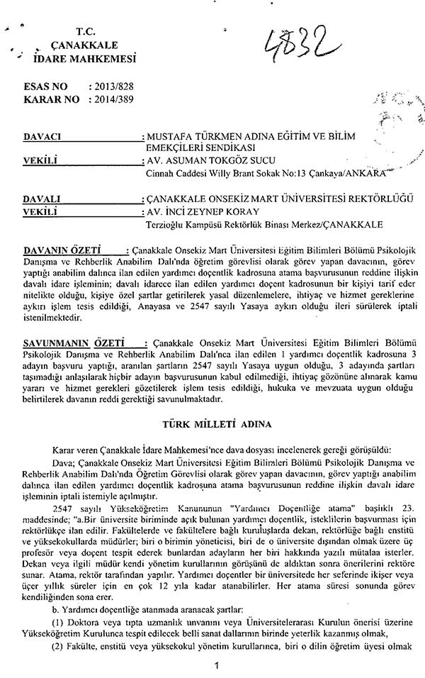 Yardımcı doçentlik ilanına iptal kararı