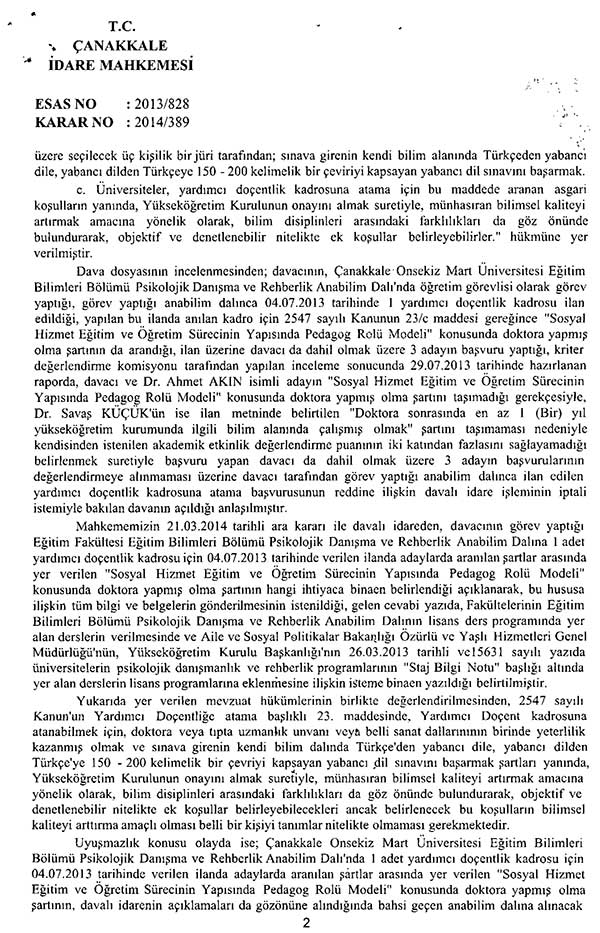 Yardımcı doçentlik ilanına iptal kararı