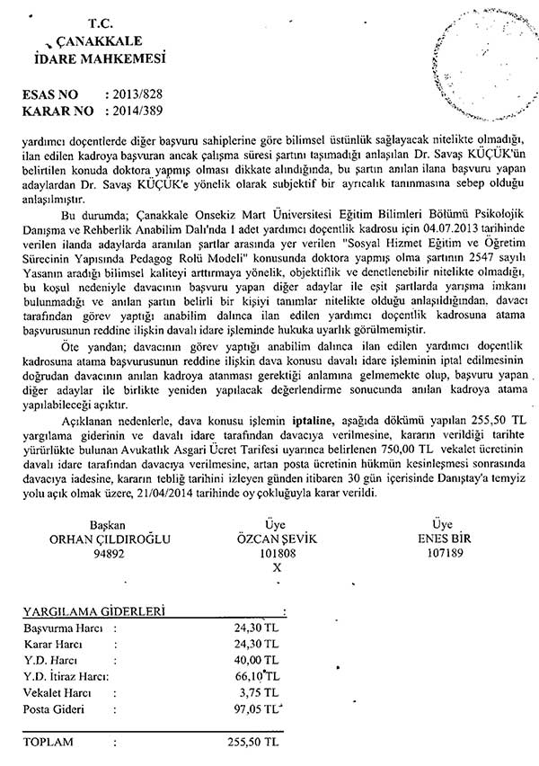 Yardımcı doçentlik ilanına iptal kararı