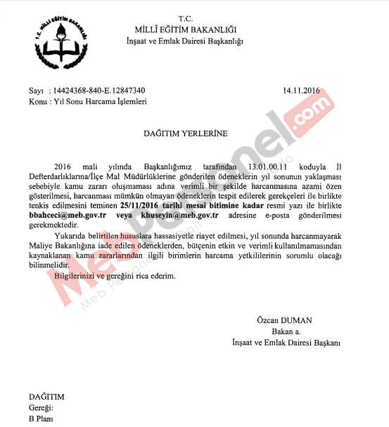 MEB'den Yıl Sonu Harcama İşlemleri Yazısı