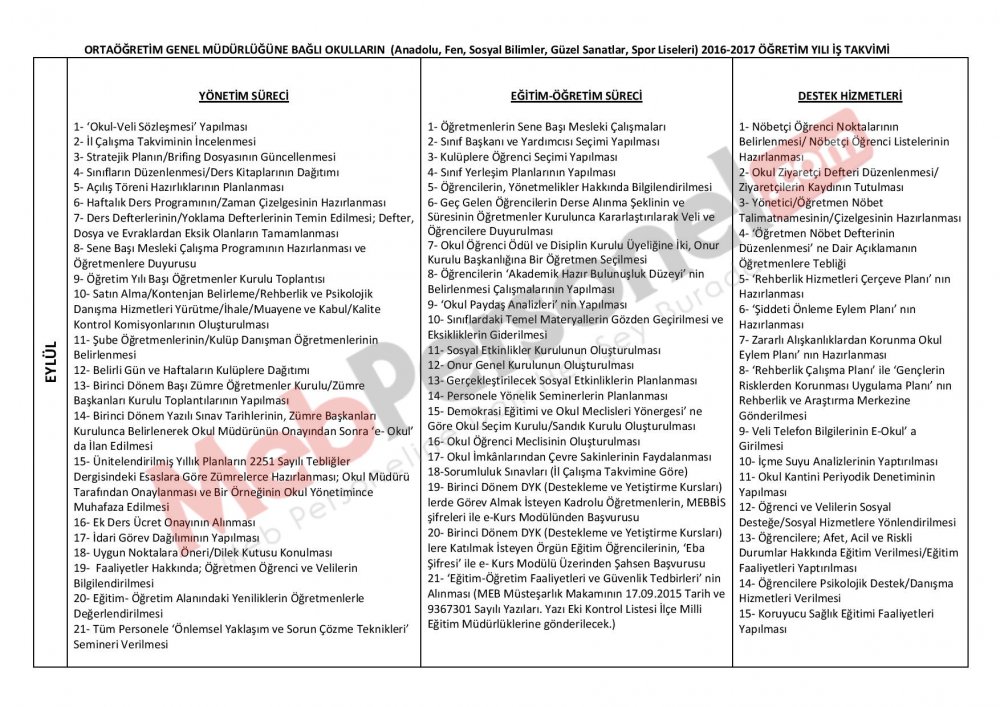 Ortaöğretim Kurumları 2016-2017 İş Takvimi Güncellendi