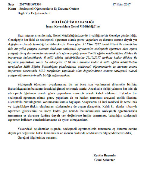 Sözleşmeli Öğretmenlerin Eş Durumu Atamaları İçin MEB'e Yazı