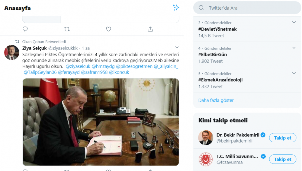 Bakan Ziya Selçuk'un fake hesabı &quot;Piktes öğretmenlerine kadro geldi dedi&quot; Bakan danışmanı rt yaptı.