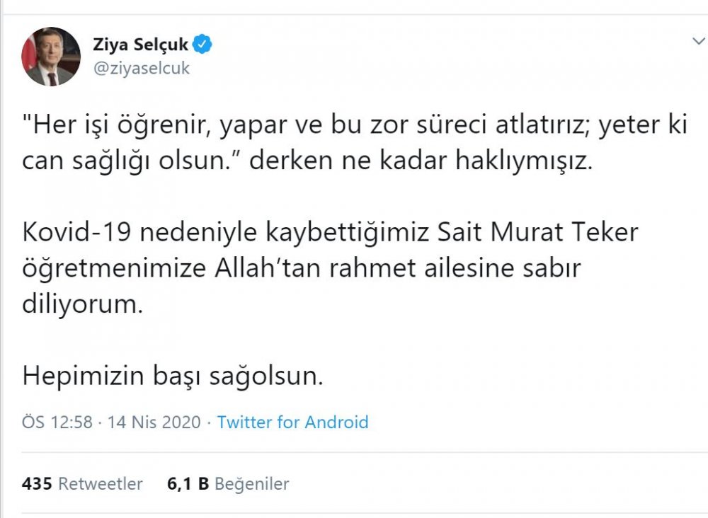 Bakan Ziya Selçuk, Covid-19'dan Vefat Eden Öğretmen İçin  Başsağlığı Mesajı Paylaştı
